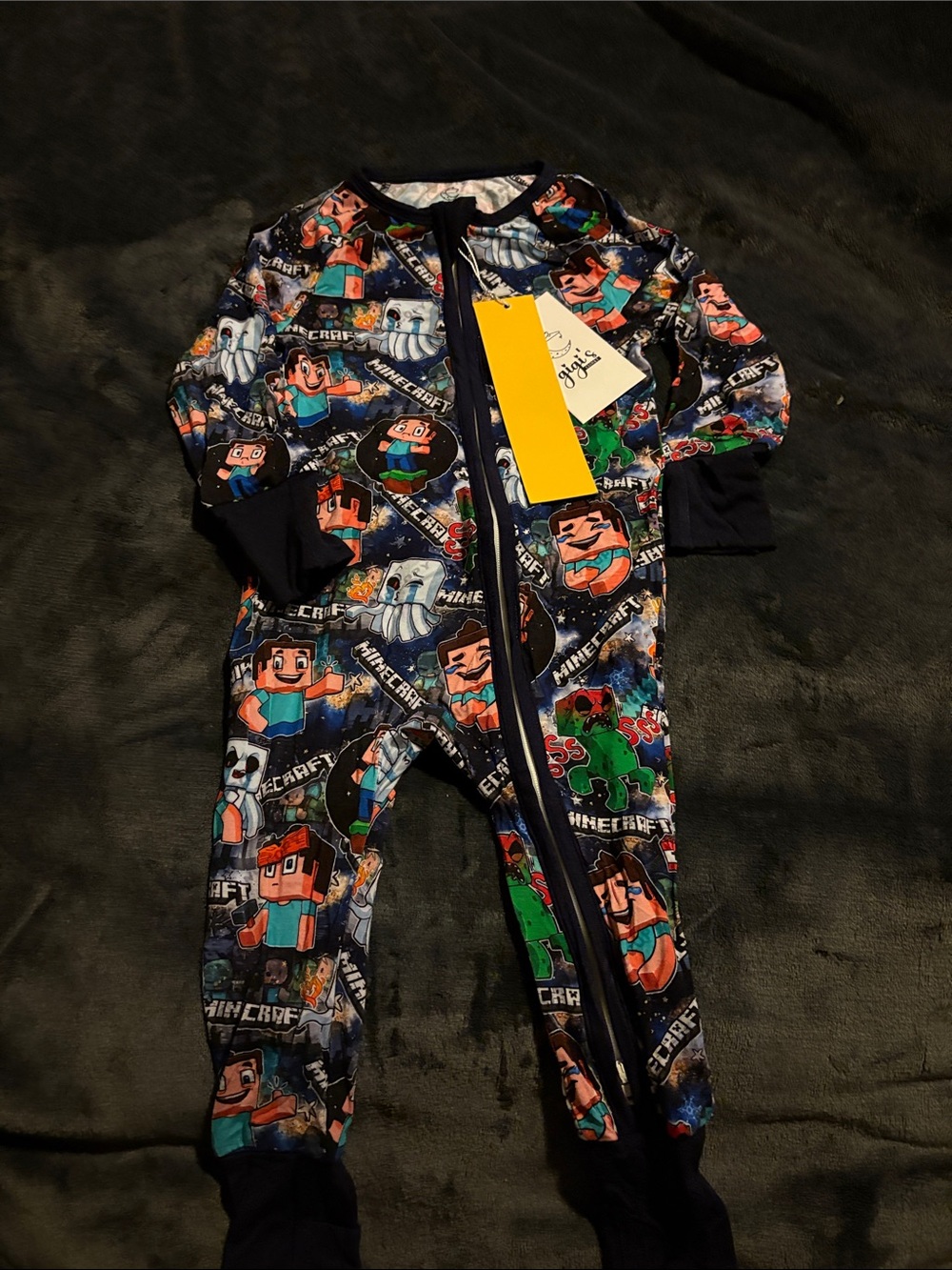 Kids Black Minecraft-Themed Zip One-Piece Footie Pajamas
